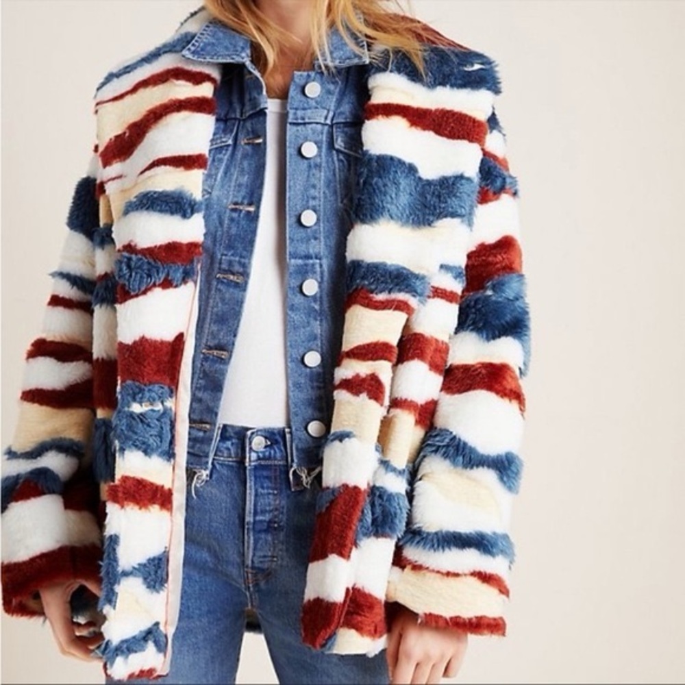 Anthropologie Leona Faux Fur Striped Collared Coat - Picture 2 of 7